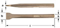 Two Images displaying two viewpoints of the same chisels: top image shows a horizontal blade with blunt flat tip labeled 'a'.  bottom image displays the flat tip, wider than the hexagonal bronze bar and is labeled 'b.' Both images aligned horizontally, sh